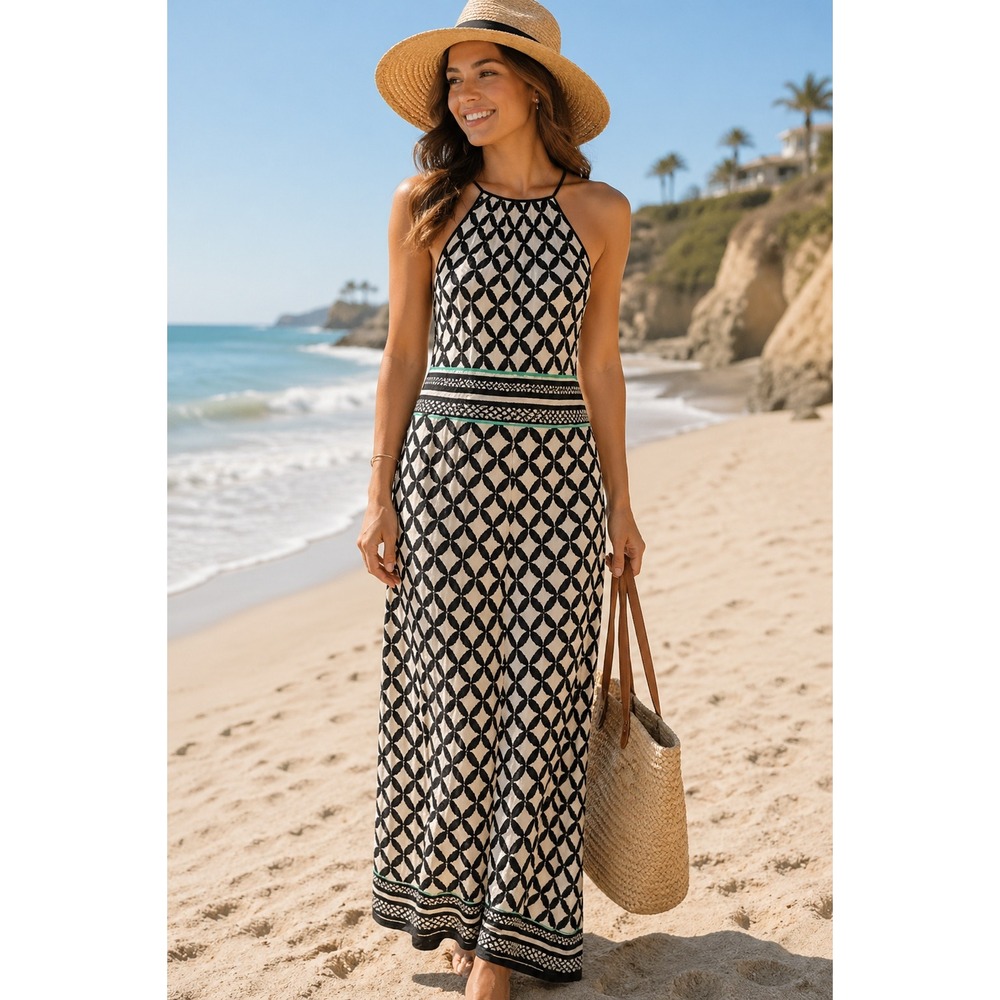 Studio One New York PM Halter Maxi Dress Geometric Boho Coastal Resort Beach